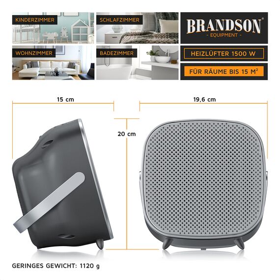 Brandson - Heizlüfter 1000 1500 Watt - Keramik-Heizlüfter Badezimmer energiesparend leise - Schnellheizer mit Temperaturregelung - 2X Heizstufen mit Thermostate - Heizung Heater - Überhitzungsschutz