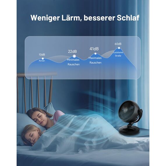 WOWDSGN Ventilator Leise 22dB Mit 6 Stufen & Display - 9-Stunden-Timer, Leistungsstarker 3D Turbo-Luftzirkulator - 100° & 80° Oszillation - Tischventilator für Schlafzimmer Wohnzimmer Büro Küchen