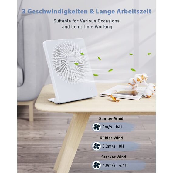 TriPole Tischventilator Leise, 2000mAh Ladefähige USB Ventilatoren Ausführen Bis zu 4-16 Std, 3 Geschwindigkeiten Tragbarer Akkulüfter-30dB, 180°Einstellbar, für Büro, Bibliothek, Reise-Weiß
