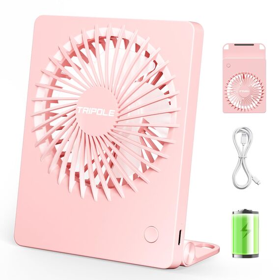 TriPole Schreibtisch Ventilator, 180° Tragbar mit 3-Geschwindigkeits USB, Ultradünner Mini für Home Office Reisegeschenke für Frauen Männer, Batteriebetrieben, Rosa
