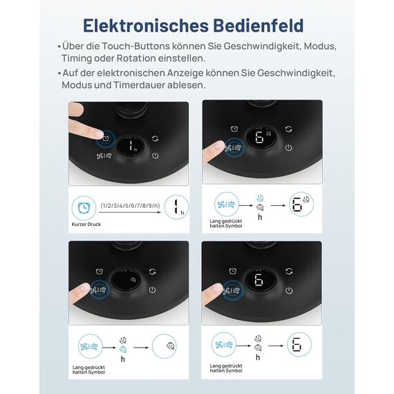WOWDSGN Ventilator Leise 22dB Mit 6 Stufen & Display - 9-Stunden-Timer, Leistungsstarker 3D Turbo-Luftzirkulator - 100° & 80° Oszillation - Tischventilator für Schlafzimmer Wohnzimmer Büro Küchen
