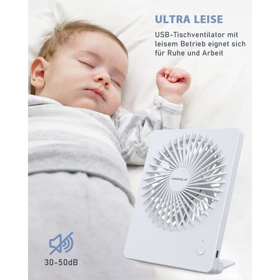 TriPole Tischventilator Leise, 2000mAh Ladefähige USB Ventilatoren Ausführen Bis zu 4-16 Std, 3 Geschwindigkeiten Tragbarer Akkulüfter-30dB, 180°Einstellbar, für Büro, Bibliothek, Reise-Weiß