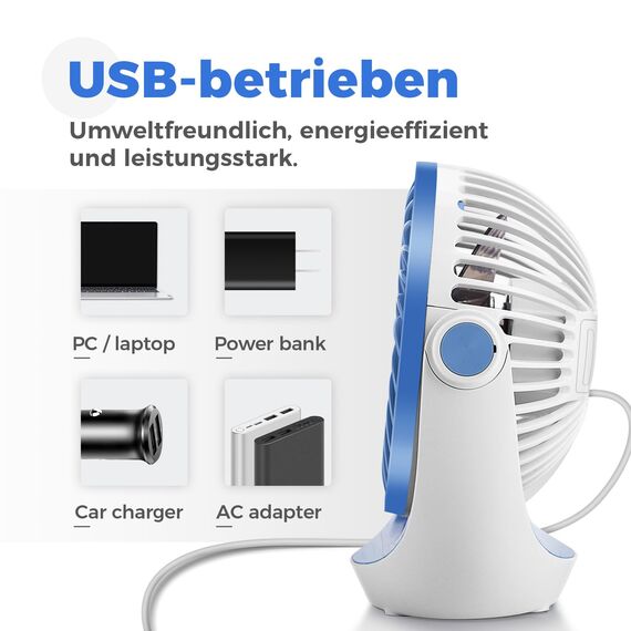 OCOOPA USB Ventilator, Ventilator klein Tischventilator mit starkem Luftstrom und Leise Betrieb 3 Geschwindigkeiten, 360 ° Drehbarer Kopf, Einfach zu Tragen für Büro, Zuhause und im Freien
