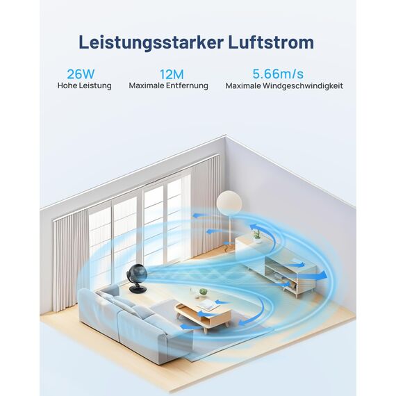 WOWDSGN Ventilator Leise 22dB Mit 6 Stufen & Display - 9-Stunden-Timer, Leistungsstarker 3D Turbo-Luftzirkulator - 100° & 80° Oszillation - Tischventilator für Schlafzimmer Wohnzimmer Büro Küchen