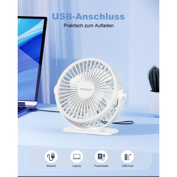 TriPole Ventilator Leiser, Mini Ventilator mit 3 Gang, USB Tischventilator Leistungsstarker Tragbarer mit 360°Neigung. Elektrischer Ventilator klein für Einsatz Büro, Schlafzimmer,Reisen-Weiß