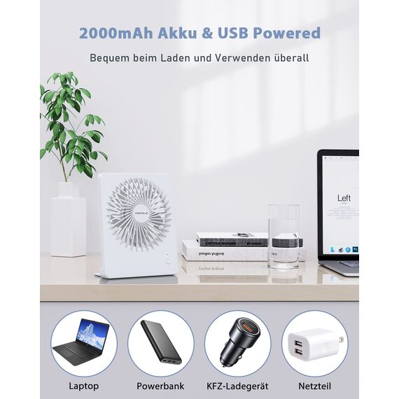 TriPole Tischventilator Leise, 2000mAh Ladefähige USB Ventilatoren Ausführen Bis zu 4-16 Std, 3 Geschwindigkeiten Tragbarer Akkulüfter-30dB, 180°Einstellbar, für Büro, Bibliothek, Reise-Weiß