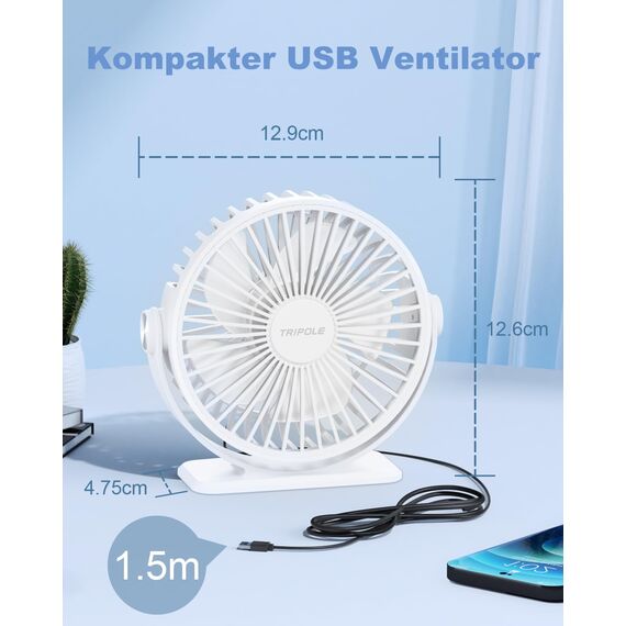 TriPole Ventilator Leiser, Mini Ventilator mit 3 Gang, USB Tischventilator Leistungsstarker Tragbarer mit 360°Neigung. Elektrischer Ventilator klein für Einsatz Büro, Schlafzimmer,Reisen-Weiß