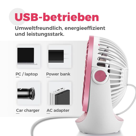 OCOOPA USB Ventilator, Ventilator klein Tischventilator mit starkem Luftstrom und Leise Betrieb 3 Geschwindigkeiten, 360 ° Drehbarer Kopf, Einfach zu Tragen für Büro, Zuhause und im Freien
