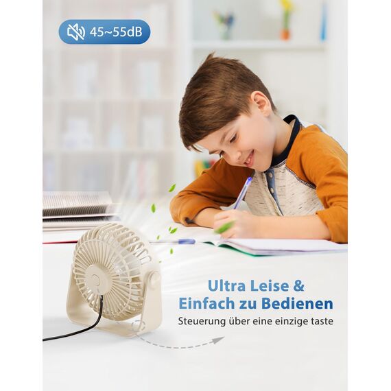 TriPole USB Tischventilator mit 3 Geschwindigkeiten, 360° Rotation, Starker Wind, Tragbarer Mini-Ventilator für Heim, Schlafzimmer, Büro - Beige