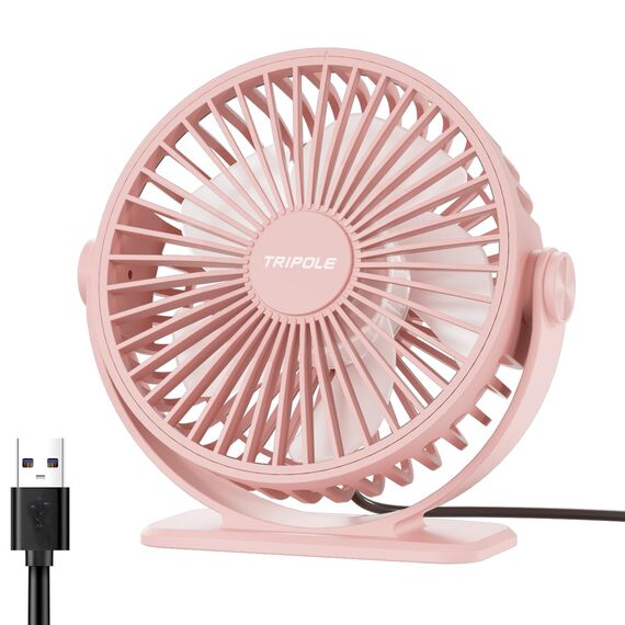 TriPole Mini Ventilator mit 3 Gang, USB Tischventilator Leistungsstark, 360° Neigung, Tragbar für Büro, Schlafzimmer, Reisen - Rosa