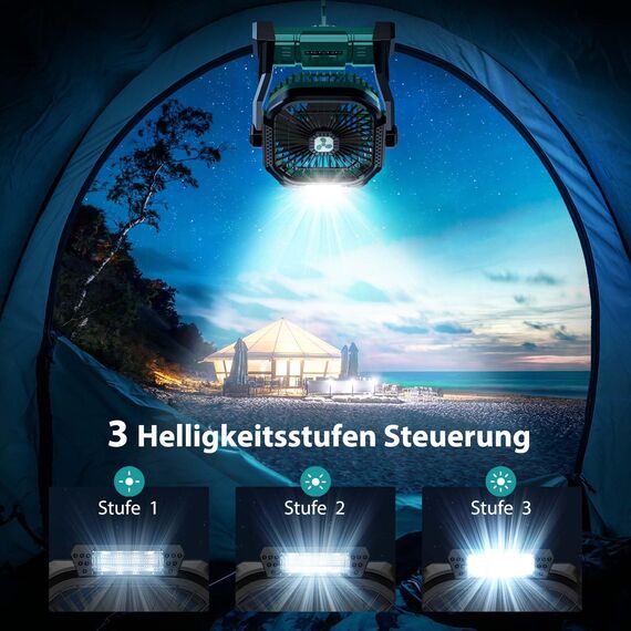 PDBEST Batteriebetriebener Ventilator 20000mAh Kabellos, Wiederaufladbarer Tragbarer Ventilator mit LED-Laterne, Tischventilator, USB-C-Akku Campingventilator für Reisen, Strand, Grün