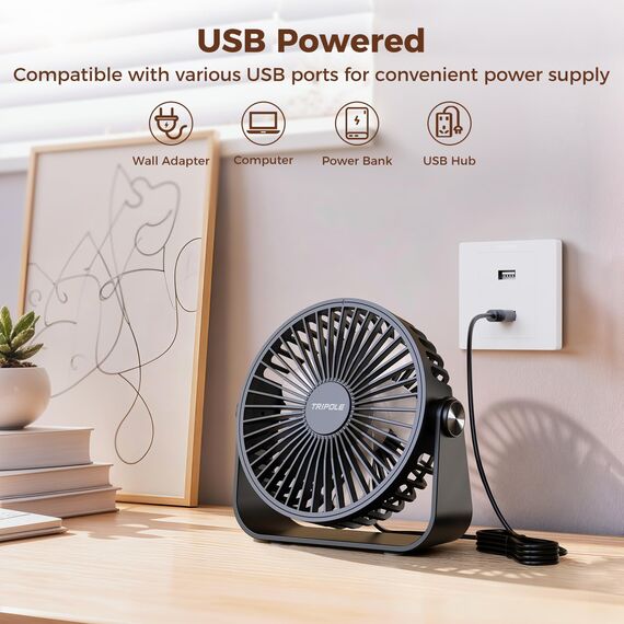 TriPole USB-Schreibtischventilator, 3 Geschwindigkeiten, verstellbar, starker Wind, Tischventilator, 360° Kopf drehbar, 1,5 m Kabel, persönlicher Desktop-Ventilator, 11,4 cm, tragbarer Mini-Ventilator