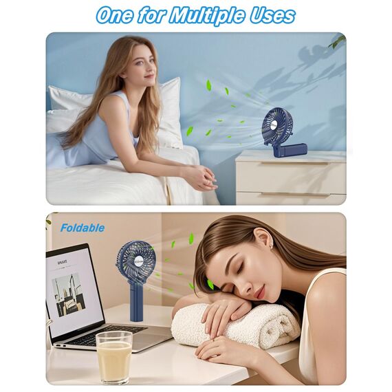 iEGrow Tragbarer Mini-Ventilator, wiederaufladbar über USB [4 bis 11 Stunden Laufzeit], 3 Geschwindigkeitsstufen, wiederaufladbarer Akku, für unterwegs, zu Hause (Blau)