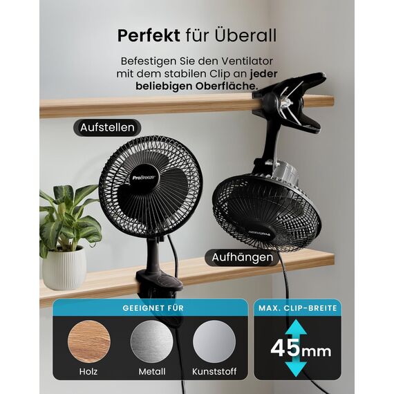Pro Breeze Mini Ventilator mit Clip, 20 cm Durchmesser, 2 Geschwindigkeitsstufen, stabiler Clip - Ventilator leise, ideal als Tischventilator am Schreibtisch, für Growbox, Zuhause im Schlafzimmer