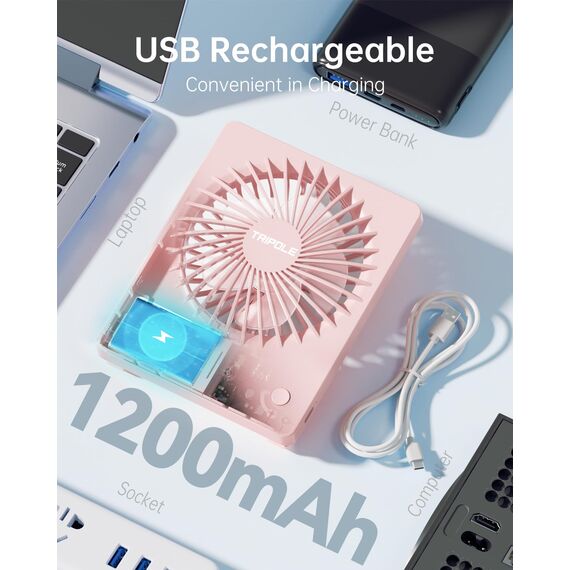 TriPole Schreibtisch Ventilator, 180° Tragbar mit 3-Geschwindigkeits USB, Ultradünner Mini für Home Office Reisegeschenke für Frauen Männer, Batteriebetrieben, Rosa