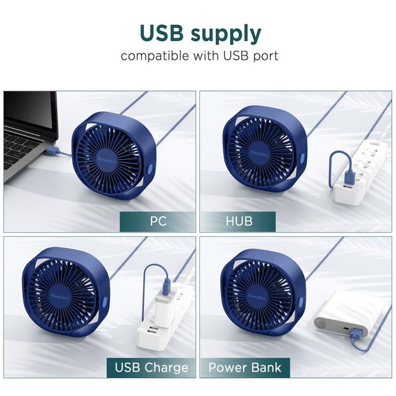 EasyAcc USB Ventilator, Mini Ventilator, Leise USB Tischventilator mit 2 Jahre Garantie, Starker Exquisit Lüfter und 3 Geschwindigkeiten, 360 Grad Drehung Desk Fan für Schreibtisch,Zuhause,Büro - Blau