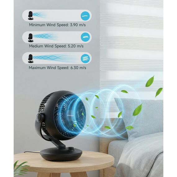 WOWDSGN Ventilator Leise, Tischventilator 24dB, Leistungsstarker 3D Turbo-Luftzirkulator - 100° & 80° Oszillation - 3 Geschwindigkeitsstufen für Schlafzimmer Wohnzimmer Büro Küchen - Schwarz