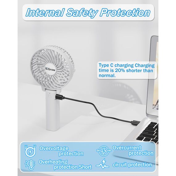 iEGrow Handventilator Tragbarer Mini Ventilatoren USB Wiederaufladbarer [2-9 Betriebsstunden] 3 Geschwindigkeiten Aufladbarem Batterie für Reisen Zuhause (Weiß)