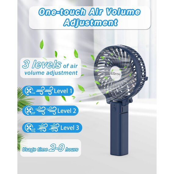 iEGrow Tragbarer Mini-Ventilator, wiederaufladbar über USB [4 bis 11 Stunden Laufzeit], 3 Geschwindigkeitsstufen, wiederaufladbarer Akku, für unterwegs, zu Hause (Blau)