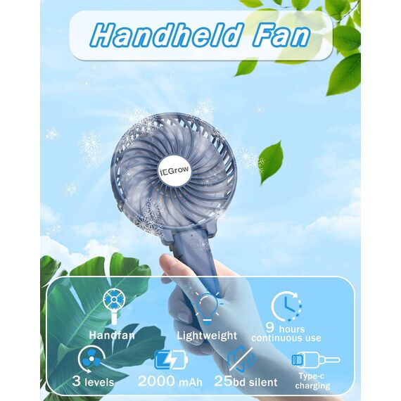 iEGrow Tragbarer Mini-Ventilator, wiederaufladbar über USB [4 bis 11 Stunden Laufzeit], 3 Geschwindigkeitsstufen, wiederaufladbarer Akku, für unterwegs, zu Hause (Blau)