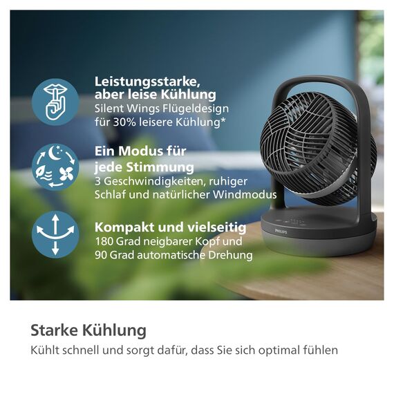 Philips Oszillierender Tischventilator Serie 3000. Starke & superleise SilentWings Technologie. 23dB. Luftumwälzung. Neigung 180°. 12-Stunden-Timer. Für Schlafzimmer, Haus & Büro. Schwarz (CX3050/01)