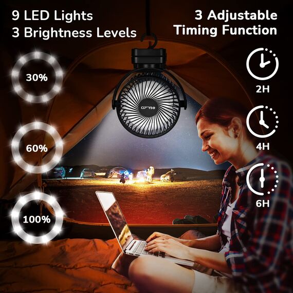 ELZO 12000mAh Camping Ventilator, Wiederaufladbarer Tischventilator USB Mini Ventilator mit LED Licht & Haken, 360° Drehung Leise mit Fernbedienung