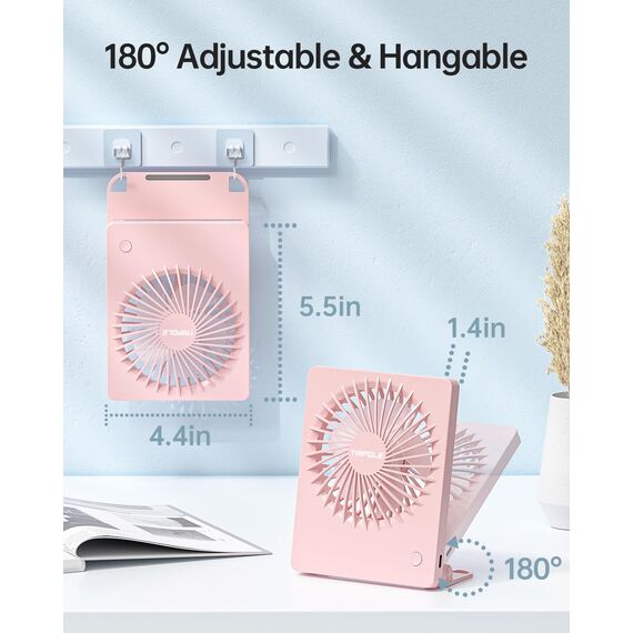 TriPole Schreibtisch Ventilator, 180° Tragbar mit 3-Geschwindigkeits USB, Ultradünner Mini für Home Office Reisegeschenke für Frauen Männer, Batteriebetrieben, Rosa