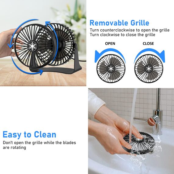 JATEKA Mini USB Tischventilator, 3 Geschwindigkeiten Starker Ventilator mit 1,2 m USB Kabel, Desktop Leise Ventilator 360°Dreheinstellung, Abnehmbar Gitter für Büro und Schlafzimmer - Schwarz