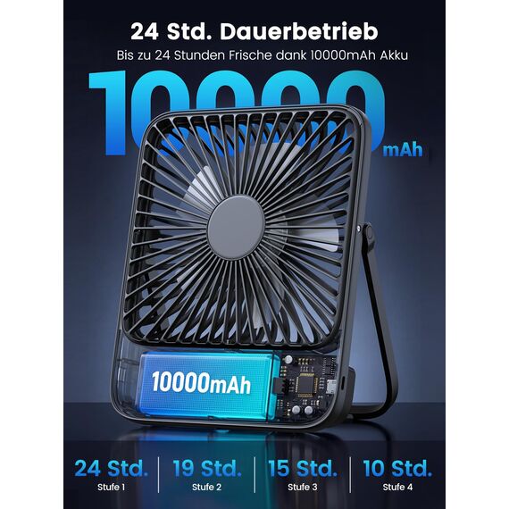 Warmco 10000mAh Tragbarer Ventilator 21 cm Hoch, Max 24h Laufzeit, Ultra-dünn Leise Akku Tischventilator mit Digitalanzeige für Camping, Büro, Schlafzimmer, Reisen