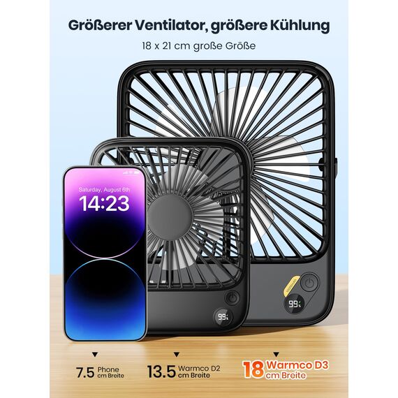 Warmco 10000mAh Tragbarer Ventilator 21 cm Hoch, Max 24h Laufzeit, Ultra-dünn Leise Akku Tischventilator mit Digitalanzeige für Camping, Büro, Schlafzimmer, Reisen