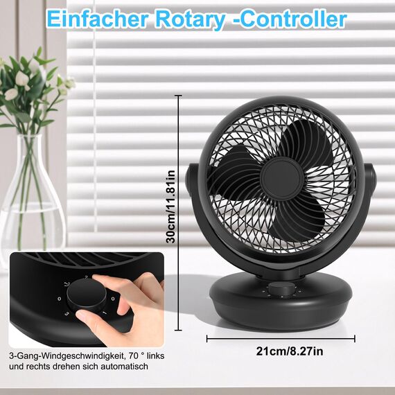 GuKKK Ventilator Leise, Tischventilator, Luftzirkulator Starkem Luftstrom und 3 Geschwindigkeiten, 70° Auto 100° Manuell oszillierend, 3D Turbo Ventilatoren für Büro, Schlafzimmer, Wohnzimmer