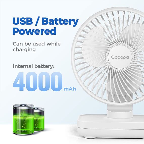OCOOPA USB Ventilator Ultra Leise - 4000mAh Tischventilator, 4 Geschwindigkeiten, Mini Ventilator für den Schreibtisch, Zuhause und Büro, weiß