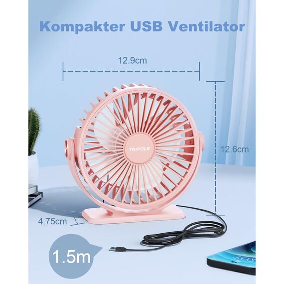 TriPole Mini Ventilator mit 3 Gang, USB Tischventilator Leistungsstark, 360° Neigung, Tragbar für Büro, Schlafzimmer, Reisen - Rosa