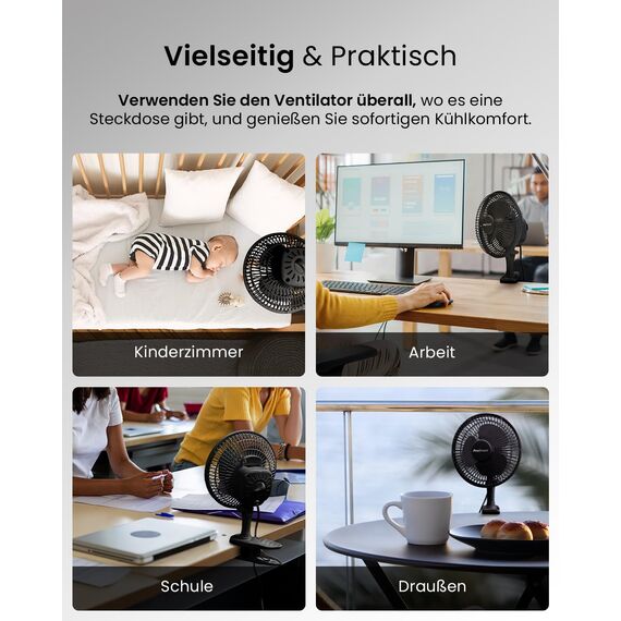 Pro Breeze Mini Ventilator mit Clip, 20 cm Durchmesser, 2 Geschwindigkeitsstufen, stabiler Clip - Ventilator leise, ideal als Tischventilator am Schreibtisch, für Growbox, Zuhause im Schlafzimmer