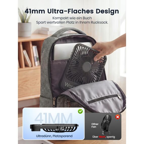 Warmco 10000mAh Tragbarer Ventilator 21 cm Hoch, Max 24h Laufzeit, Ultra-dünn Leise Akku Tischventilator mit Digitalanzeige für Camping, Büro, Schlafzimmer, Reisen