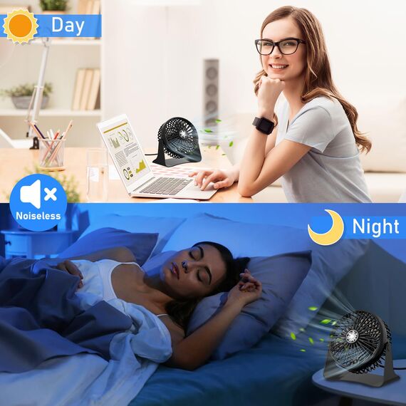 JATEKA Mini USB Tischventilator, 3 Geschwindigkeiten Starker Ventilator mit 1,2 m USB Kabel, Desktop Leise Ventilator 360°Dreheinstellung, Abnehmbar Gitter für Büro und Schlafzimmer - Schwarz
