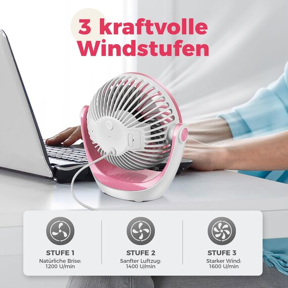 OCOOPA USB Ventilator, Ventilator klein Tischventilator mit starkem Luftstrom und Leise Betrieb 3 Geschwindigkeiten, 360 ° Drehbarer Kopf, Einfach zu Tragen für Büro, Zuhause und im Freien