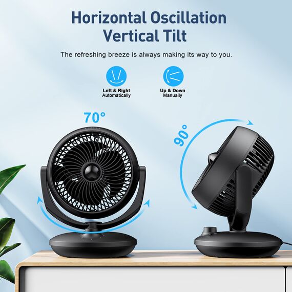 Ventilator Leise, 22dB Tischventilator sehr Leise, Fan mit 3 Geschwindigkeiten und 90° Verstellbare Neigung für 15m² Räume, Leistungsstarker 3D Turbo Ventilatoren für Büro, Schlafzimmer,Schwarz