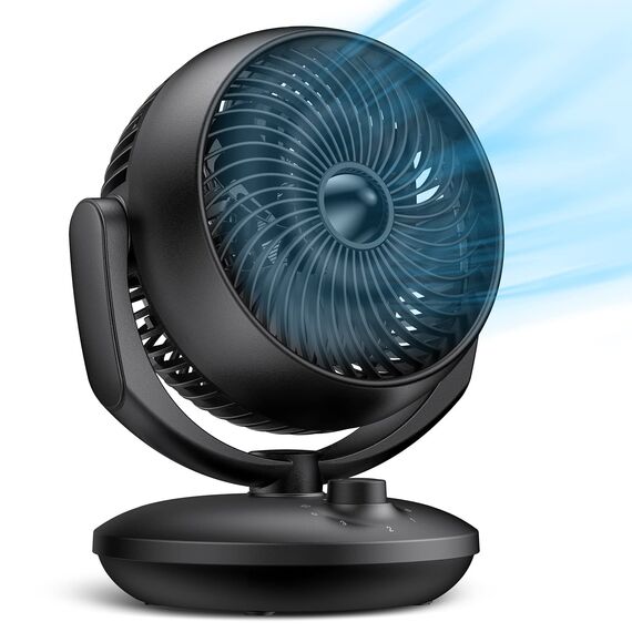 Ventilator Leise, 22dB Tischventilator sehr Leise, Fan mit 3 Geschwindigkeiten und 90° Verstellbare Neigung für 15m² Räume, Leistungsstarker 3D Turbo Ventilatoren für Büro, Schlafzimmer,Schwarz