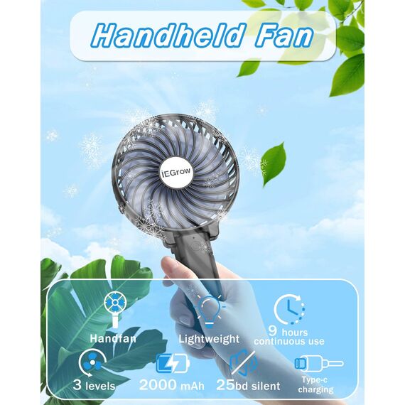 iEGrow Handventilator Tragbarer Mini Ventilatoren USB Wiederaufladbarer [2-9 Betriebsstunden] 3 Geschwindigkeiten Aufladbarem Batterie für Reisen Zuhause(Schwarz)