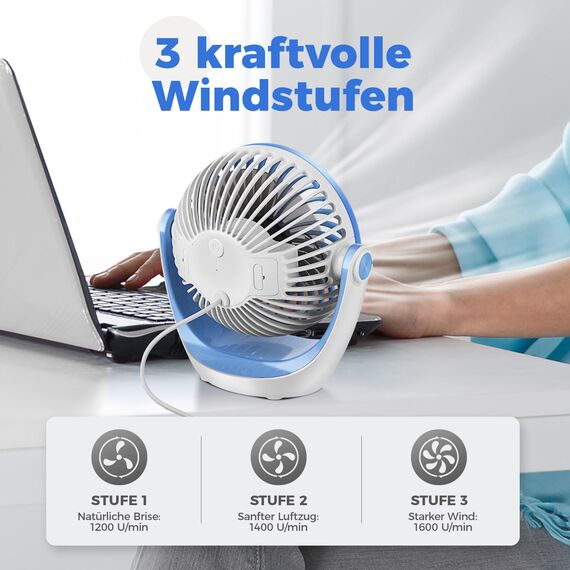 OCOOPA USB Ventilator, Ventilator klein Tischventilator mit starkem Luftstrom und Leise Betrieb 3 Geschwindigkeiten, 360 ° Drehbarer Kopf, Einfach zu Tragen für Büro, Zuhause und im Freien