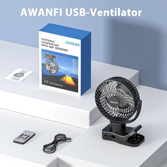 AWANFI 10000mAh USB Ventilator, Clip Ventilator Aufladbarer mit Akku Fernbedienung Haken, 360° Oszillation, Ventilator Klein mit LED Licht, Mini Tischventilator für Camping Kinderwagen Büro
