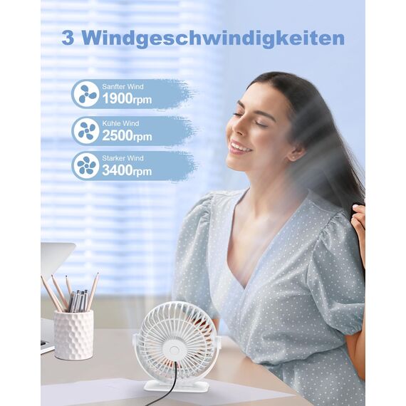 TriPole Ventilator Leiser, Mini Ventilator mit 3 Gang, USB Tischventilator Leistungsstarker Tragbarer mit 360°Neigung. Elektrischer Ventilator klein für Einsatz Büro, Schlafzimmer,Reisen-Weiß