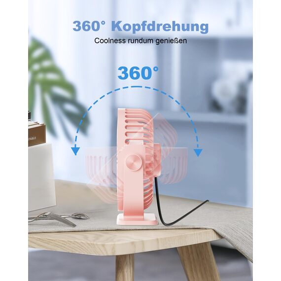 TriPole Mini Ventilator mit 3 Gang, USB Tischventilator Leistungsstark, 360° Neigung, Tragbar für Büro, Schlafzimmer, Reisen - Rosa