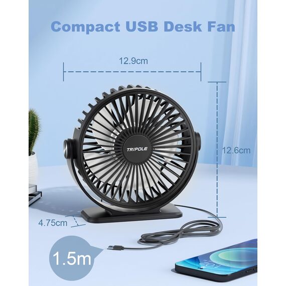 TriPole Ventilator Leiser, Mini Ventilator mit 3 Geschwindigkeiten, USB Tischventilator Leistungsstarker Tragbarer mit 360° Neigung, Fan klein für Einsatz Büro, Schlafzimmer, Reisen