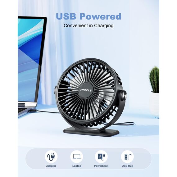 TriPole Ventilator Leiser, Mini Ventilator mit 3 Geschwindigkeiten, USB Tischventilator Leistungsstarker Tragbarer mit 360° Neigung, Fan klein für Einsatz Büro, Schlafzimmer, Reisen