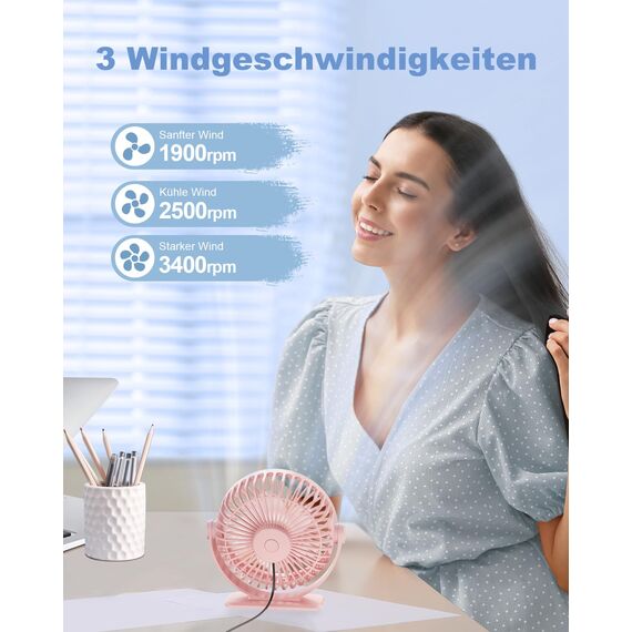 TriPole Mini Ventilator mit 3 Gang, USB Tischventilator Leistungsstark, 360° Neigung, Tragbar für Büro, Schlafzimmer, Reisen - Rosa