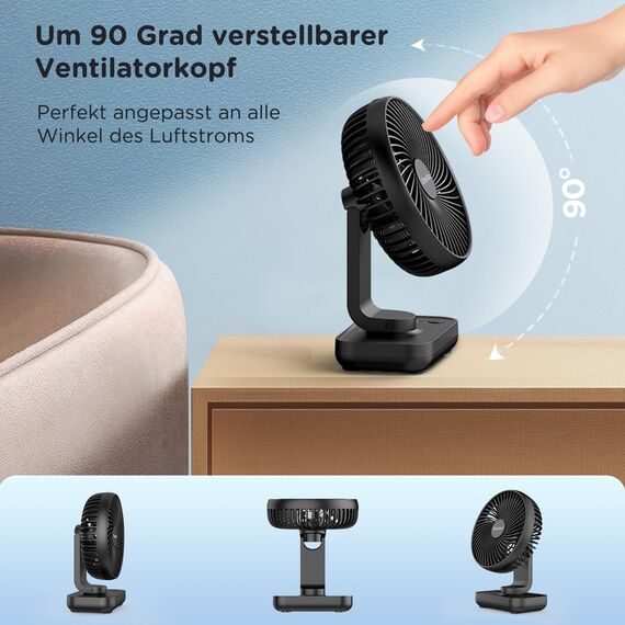 EasyAcc Tischventilator, 4000 Akku Batterie Klein USB Ventilator, Tragbarer Aufladbar Basis Ventilatoren mit 4 Geschwindigkeiten für Camp,Büro, Bibliothek und Zuhause - Schwarz
