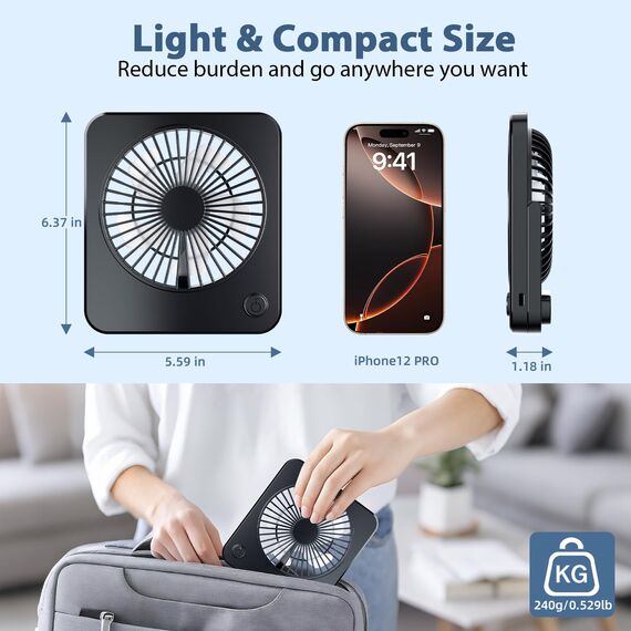 USB Mini Ventilator, Tischventilator Sehr Leise mit 3 Starker Geschwindigkeiten,Tragbarer Lüfte Keine Batterie mit 1.2m Kabel für Büro,Schlafzimmer,Wohnzimmer,Camping - Schwarz