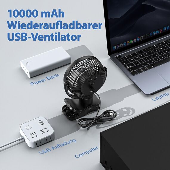 AWANFI 10000mAh USB Ventilator, Clip Ventilator Aufladbarer mit Akku Fernbedienung Haken, 360° Oszillation, Ventilator Klein mit LED Licht, Mini Tischventilator für Camping Kinderwagen Büro